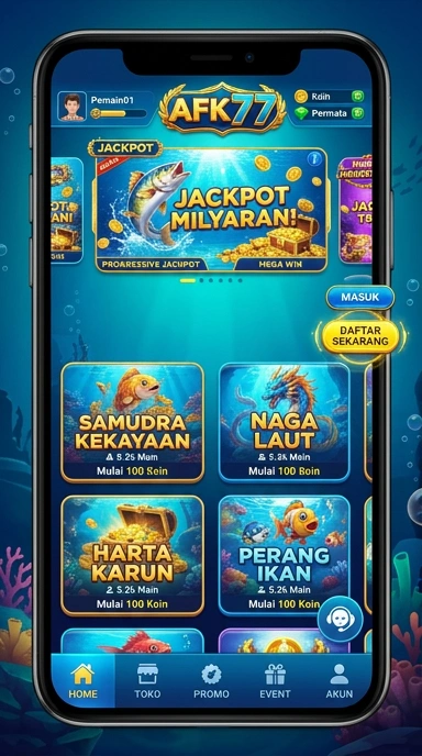 Screenshot aplikasi afk77 menampilkan kategori yang beragam.